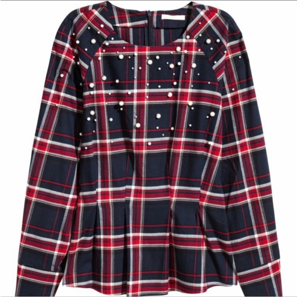 H&M| Plaid Top with Pearl Accents - Picture 2 of 9